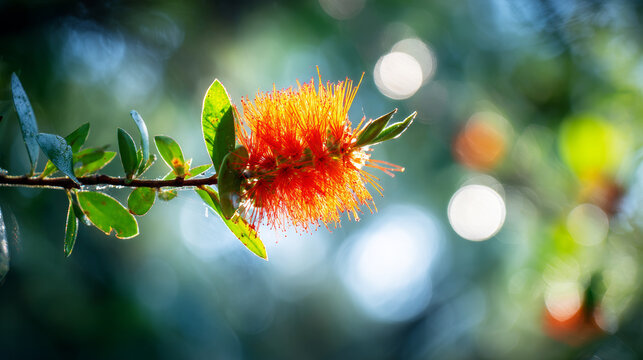 Bottlebrush flower on a branch showcasing its fiery orange bloom, backlit by sun creating beautiful defocused lights