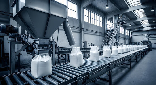 Automated industrial filling station for bulk bags | Modern food processing factory production line | Large scale manufacturing and logistics warehouse | Heavy duty packaging machinery