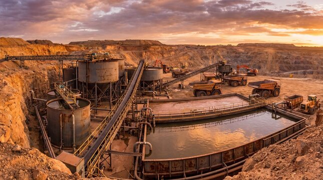 Panoramic view of a large industrial open-pit mine, featuring processing plants, heavy earthmoving equipment, and water pools under a vibrant sunset sky