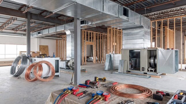 HVAC installation in a commercial building under construction, with ductwork, air handlers, and copper piping visible