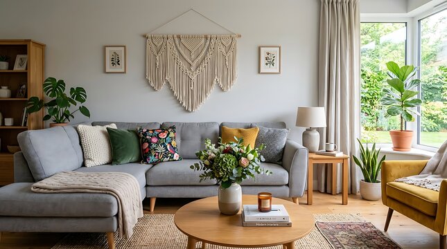 Cozy living room with gray sectional sofa and macrame wall hanging decor, plants and natural light pouring in