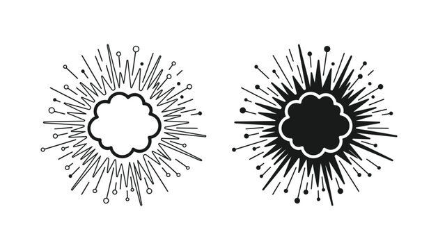 Abstract cloud bursting vector icon featuring linear and solid black versions for comic book style graphic design