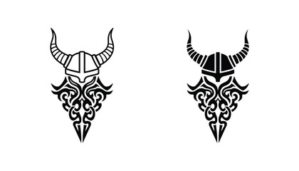 Viking helmet icon set with intricate tribal tattoo style beard and horn details in both outline and solid black versions for historical warrior or fantasy gaming character design branding © Leo