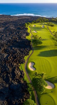Lush golf course borders volcanic coastline by the ocean