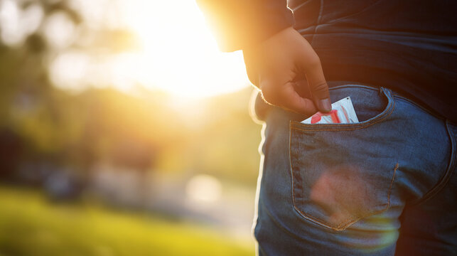 Hand putting a condom packet into a jeans back pocket outdoors, emphasizing safe sex, contraception, and responsible choices