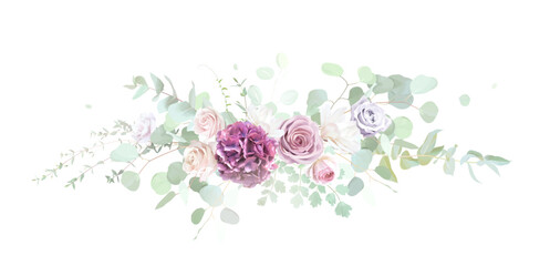 Purple pastel floral vector design wedding horizontal bouquet. Blush pink rose, violet hydrangea, white magnolia, eucalyptus, greenery and plants. All flowers and branches are isolated and movable. © lavendertime