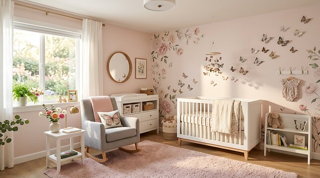 Nursery room with pink walls and butterfly decorations, white crib and gray rocking chair, natural light from window