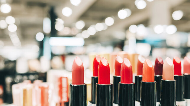 Brightly lit makeup counter showcasing an array of different colored lipsticks, emphasizing selection and retail shopping