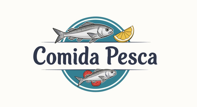 Two fish with lemon and tomato slices, with text "Comida Pesca