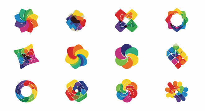 Twelve abstract, colorful, geometric shapes resembling flowers or stars
