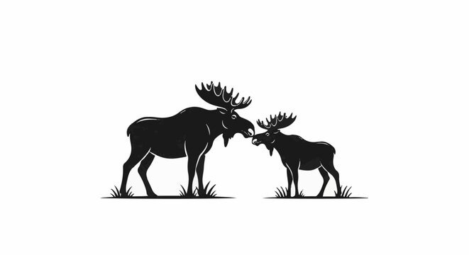 Two black moose silhouettes facing each other in grassy field