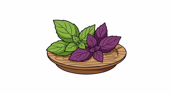 Two bunches of basil, green and purple, on a wooden dish