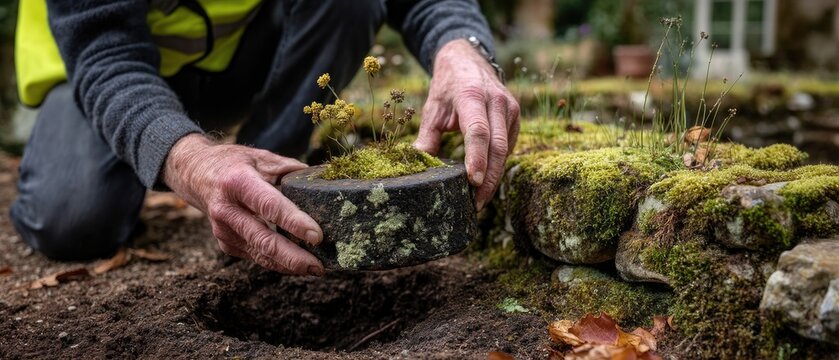 Close up view of a man in a yellow vest crouching while placing a metal cover over a hole in a grassy area next to a mossy stone wall in natural light