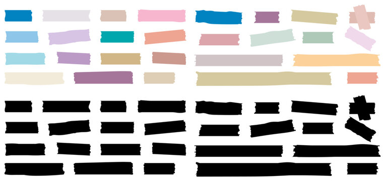 Set of colored adhesive tape, washi, mini tape. Sticky strips. Colored decorative tape mini washi sticker decoration vector set. Sticky tape, ripped scrapbook sticker decorative. Vector illustration.