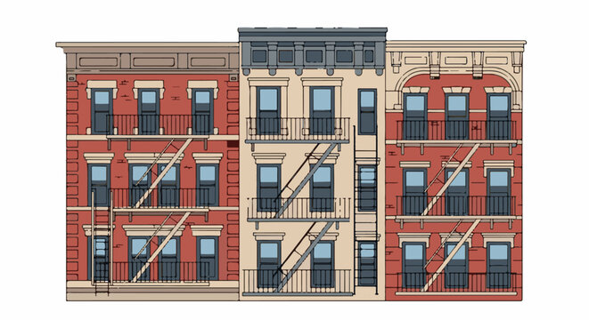Three adjacent apartment buildings with visible fire escapes and multiple windows