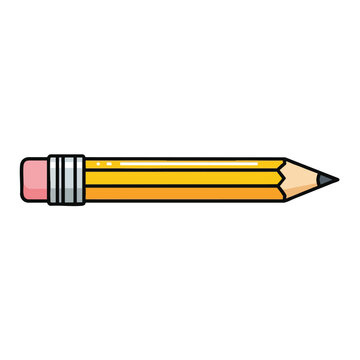 Cartoon yellow pencil with pink eraser on white background.