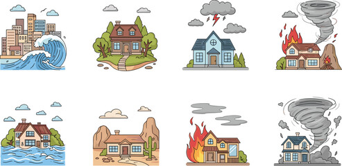 Fototapeta na wymiar Natural Disaster Scenes Collection with Flood, Earthquake, Storm, Fire, and Tornado Affecting Houses for Emergency Awareness and Safety Illustration Design