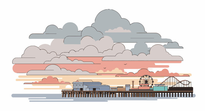 Stylized pier with Ferris wheel, roller coaster, and buildings under a cloudy sky