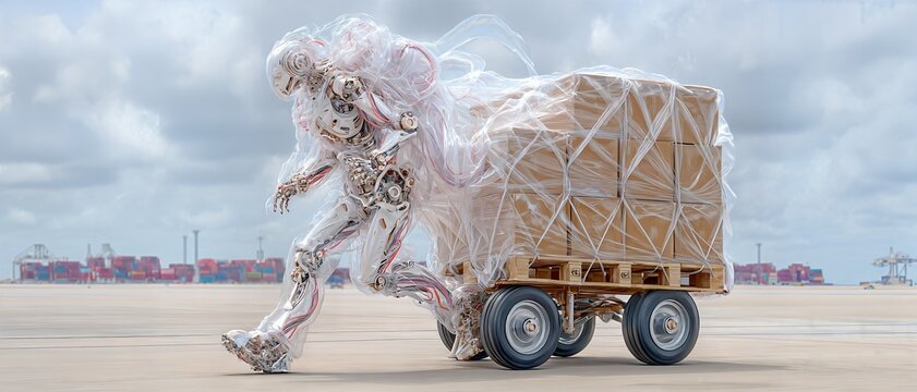 Robotic figure pushes heavy cargo cart