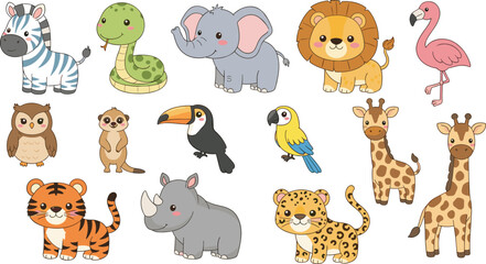 Cute Safari Animal Character Set with Zebra, Lion, Elephant, Giraffe, Rhino, and More for Kids' Wildlife and Nature Designs © Rownok