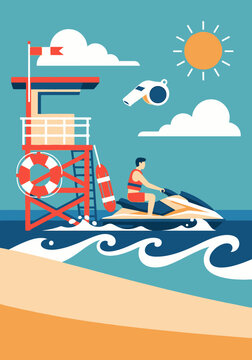 Lifeguard on Jet Ski Patrolling Sunny Beach with Lifebuoy and Lookout Tower Flat Illustration