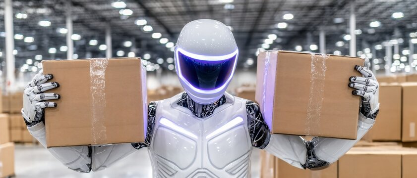 Robotic worker holds two cardboard boxes