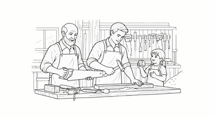 Obraz premium Three generations bonding over woodworking with tools and wood