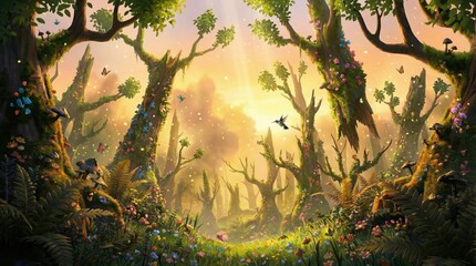 Fototapeta premium Enchanted forest with sparkling light and wildlife
