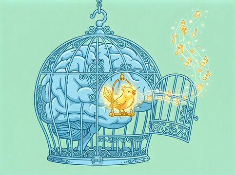 Blue bird in ornate cage with brain inside singing music