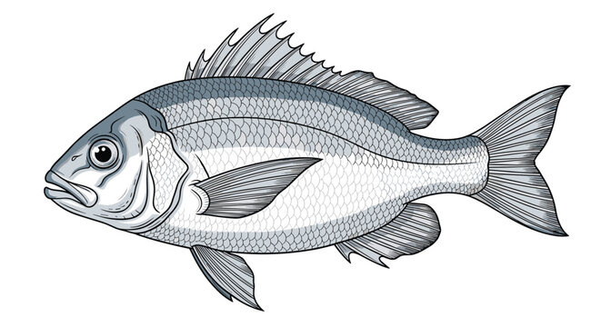 Detailed biological illustration of a single fish with grey scales and sharp fins showcased in a scientific drawing style on white.