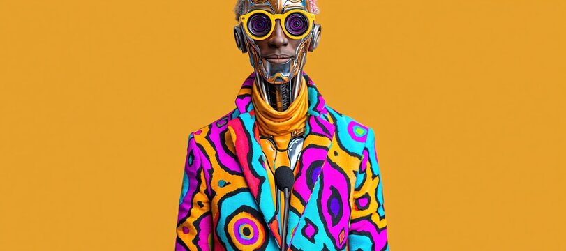 Robot comedian in colorful jacket holding microphone on yellow background
