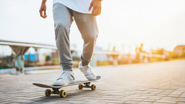 Skateboarder pushing forward on urban pavement, moving with energy and balance in warm street light