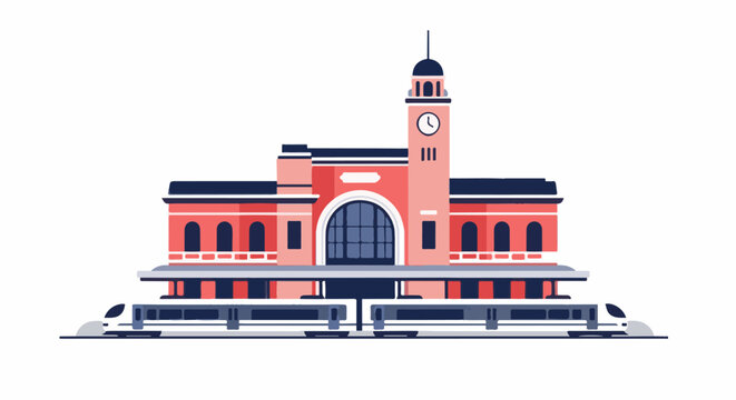 Stylized train station with clock tower and two modern trains on tracks