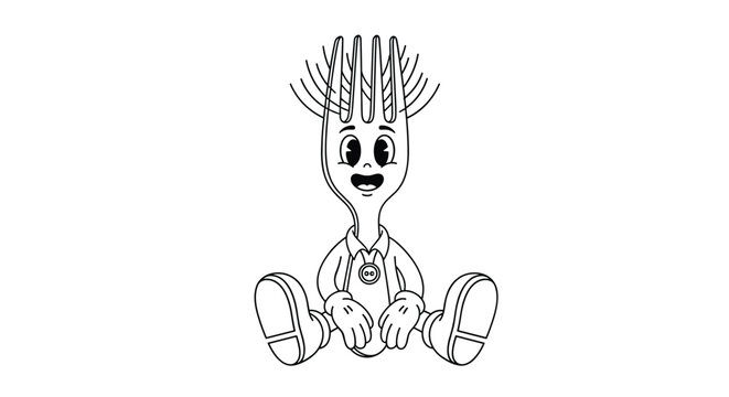 Animated character inspired by a spork with googly eyes, pipe cleaner arms, and a friendly smile in a simple line art drawing.