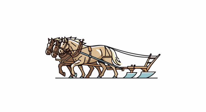 Two horses pulling a wooden sled with blue runners across a white background