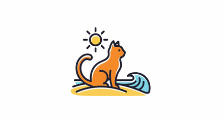 Fototapeta premium Stylized orange cat on beach with sun and wave, vacation theme