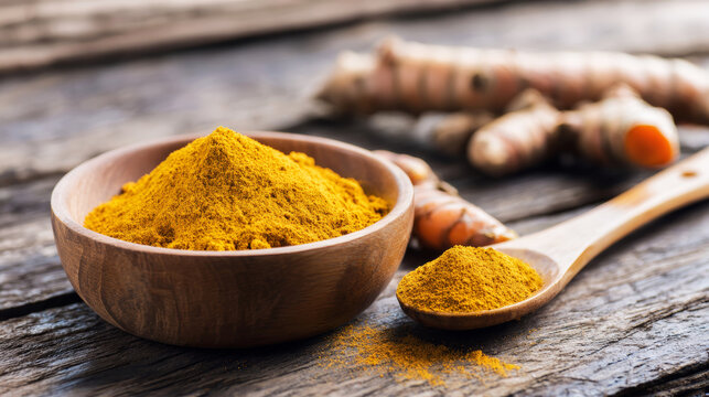 Turmeric powder in wooden bowl, spoon with spice, fresh roots on rustic wood, natural ingredient for healthy cooking