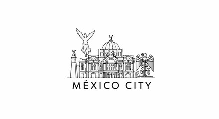 Naklejka premium Stylized skyline illustration of iconic Mexico City landmarks with text