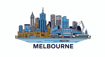 Fototapeta premium Stylized skyline of a city with distinct buildings and a stadium