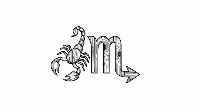 Stylized scorpion with a wooden texture glyph and arrow