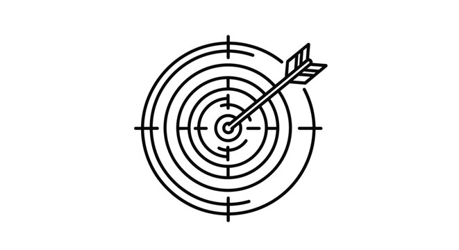 Professional target board with an arrow hit precisely in the center bullseye shown in a clean black and white line art style.