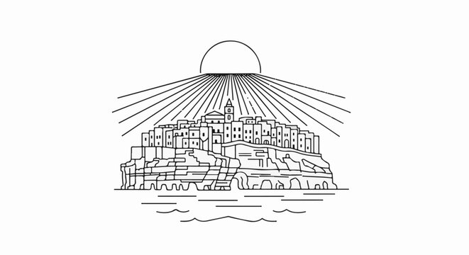Stylized seaside town perched on cliffs beneath radiating sun