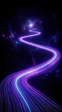Converging fiber optic light trails ascending towards a bright distant star