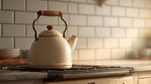Simple kettle on stove in small kitchen with warm light during afternoon Generative AI
