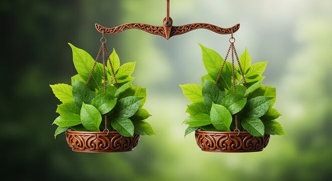 Balanced hanging plants on vintage scale
