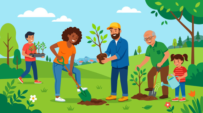 Diverse group of people working together in a garden while planting small trees to promote environmental health and sustainability efforts