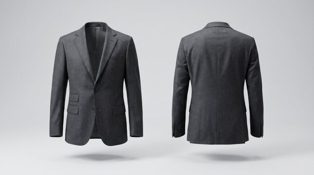 The front and back of a sleek black blazer mockup are displayed on a clean, minimalist background, showcasing its design and texture from both perspectives.