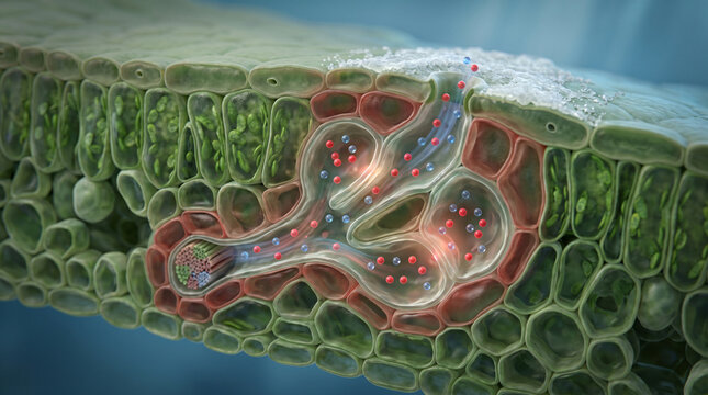 Salt gland ion transport in plant leaf cross section 3D illustration