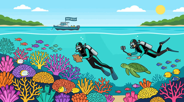 Two scuba divers explore a vibrant coral reef while recording data and filming wildlife in the bright tropical blue ocean