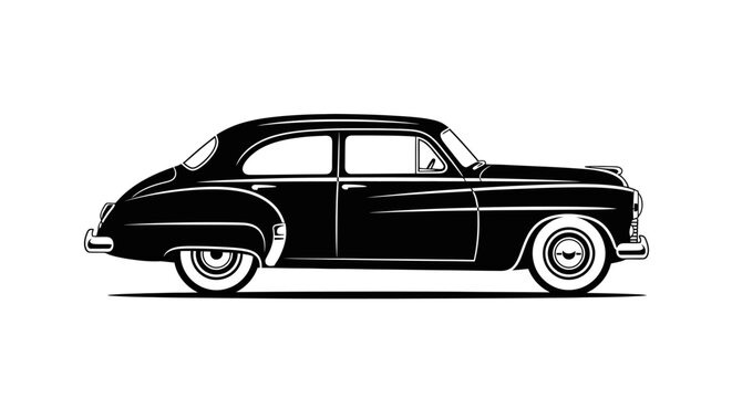 Black vintage classic car from side view on isolated white background